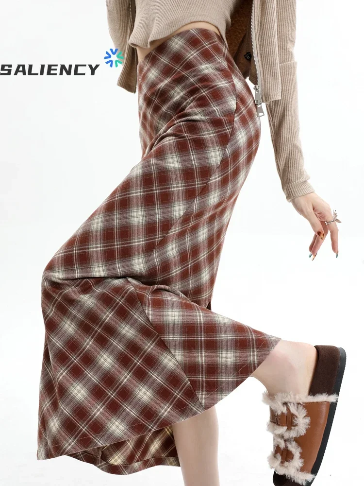 

plaid Midi Long Skirt for Women Fall Winter high waist Vintage fishtail A Line package hip Mid-length Skirt Female Korean