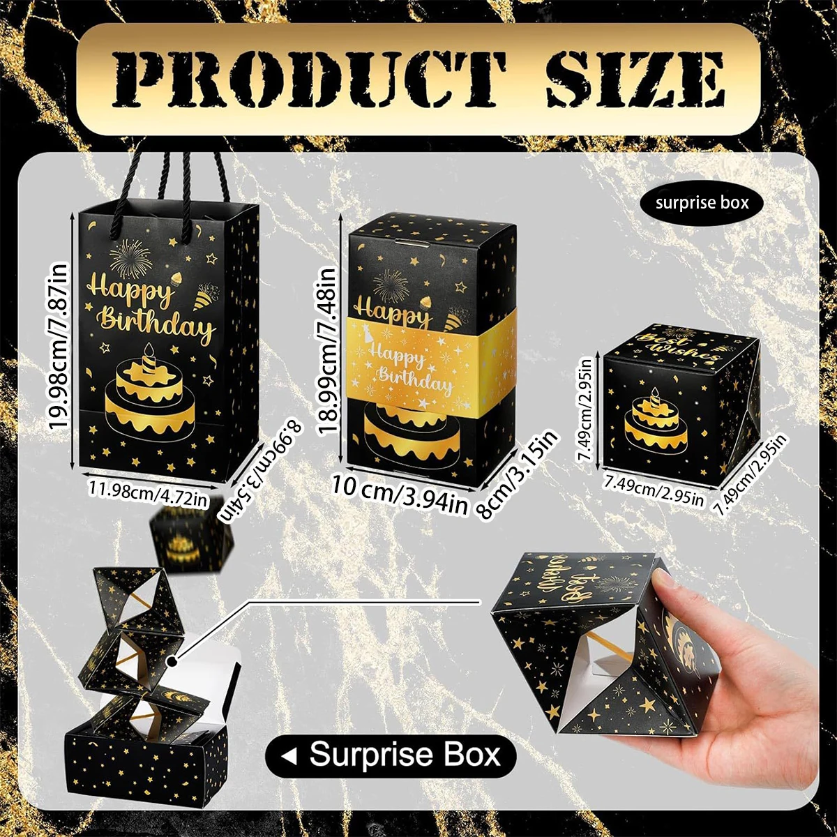 10Pcs Happy Birthday Pop Out Gift Boxes Black Gold Surprise Present Cases with Wrapping Bags for Baby Shower Party Supplies