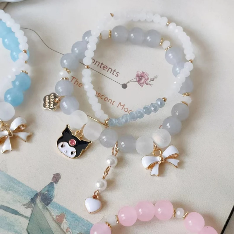 Sanrio Sweet Cute Bracelet Kawaii Anime Melody Kuromi Cinnamoroll Crystal Beaded Bracelet For Girl Ins Style Jewelry Party Gift