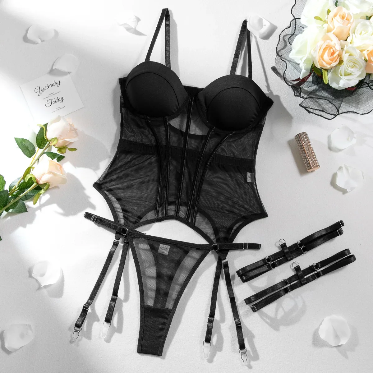 

Sexy Perspective Mesh Lingerie Jumpsuit New Fashion Women Solid Exotic Apparel Suit Female Pure Desire Style Bodysuit Underwear