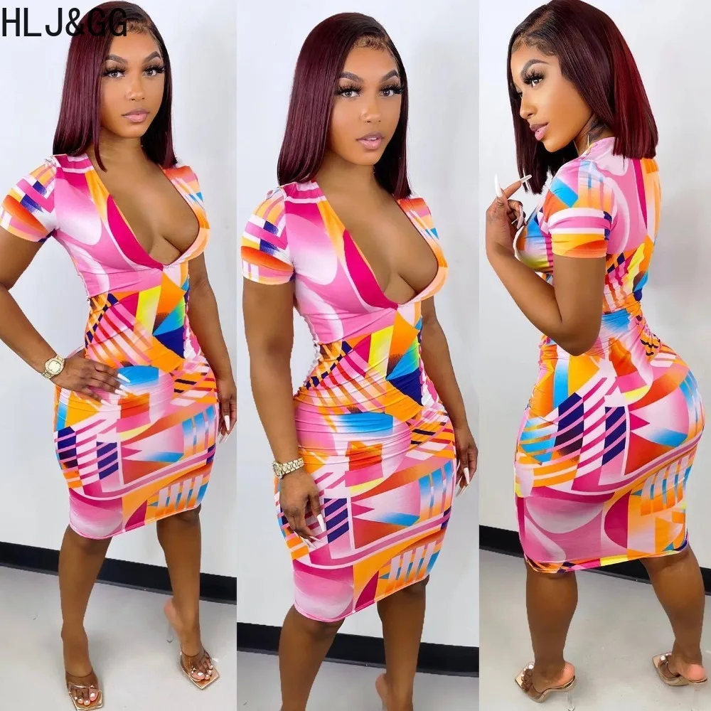 

HLJ&GG Sexy Printing Deep V Bodycon Knee Dresses Women Short Sleeve Slim Vestidos Fashion Female Matching Nightclub Clothes 2024