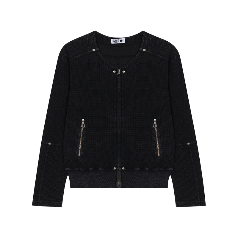 Double Zipper Women Black Moto Bomber Jacket Casual Lightweight Bomber Coat Multi-Pocket Long Sleeve Outerwear with Rivets