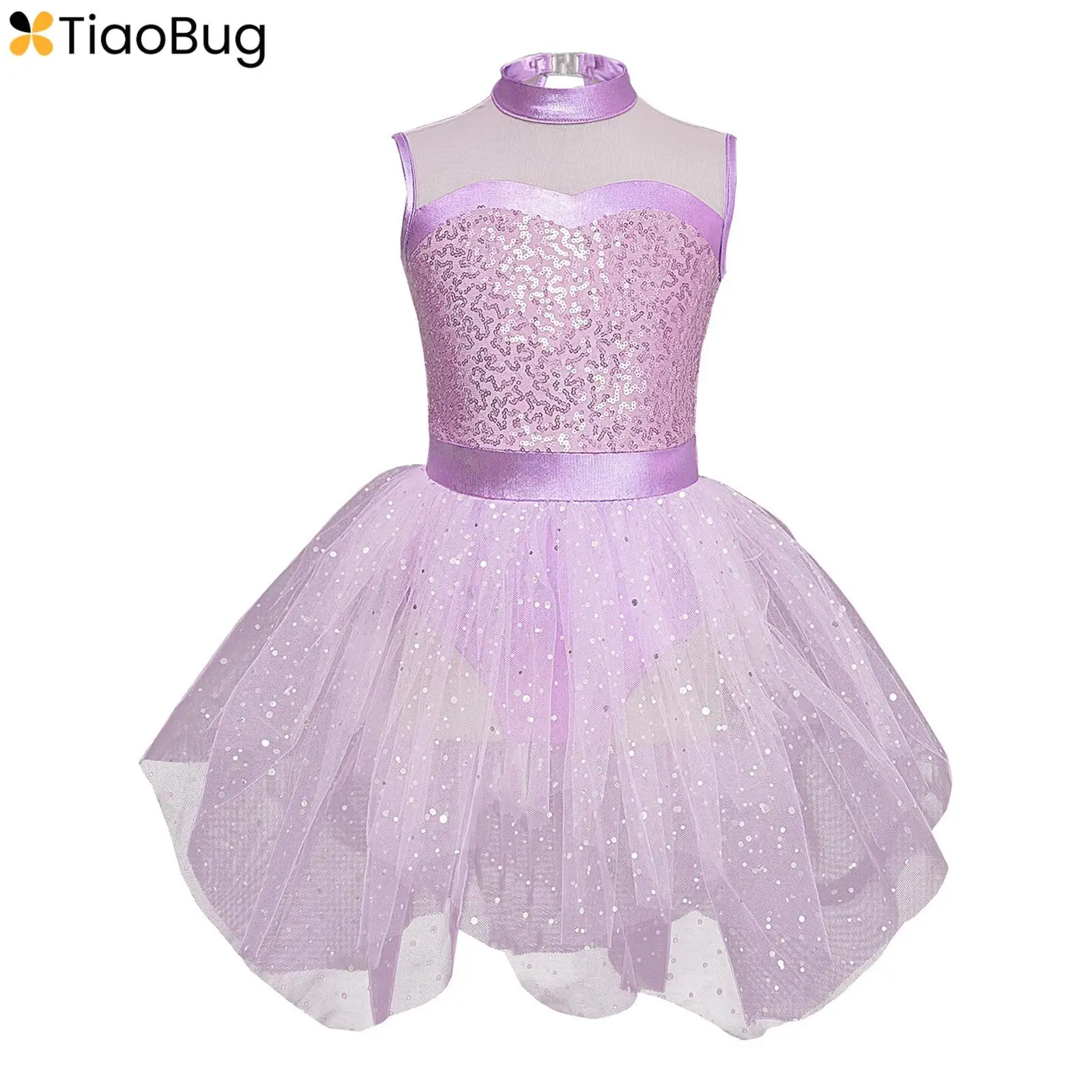 Kids Girls Sparkly Sequin Sleeveless Ballet Gymnastic Dance Dress Asymmetrical Tulle Skirt Leotard Ballerina Costume Dancewear