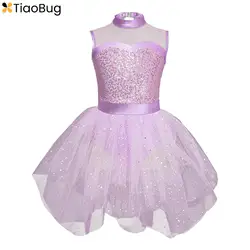 Kids Girls Sparkly Sequin Sleeveless Ballet Gymnastic Dance Dress Asymmetrical Tulle Skirt Leotard Ballerina Costume Dancewear