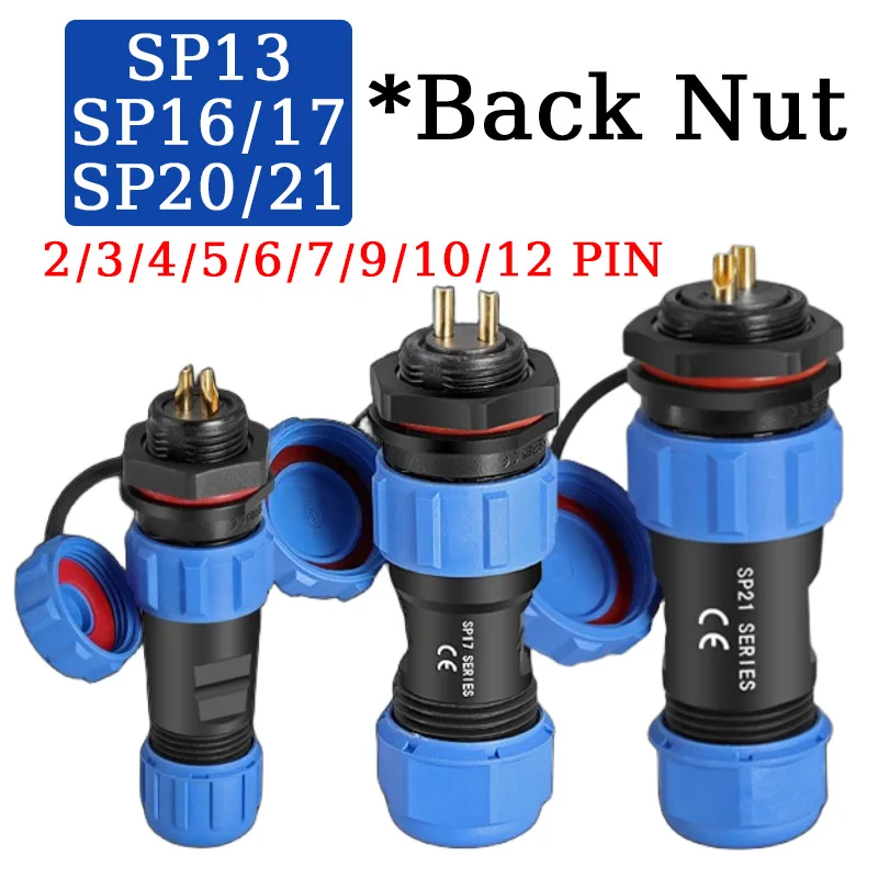 

SP13 SP16 SP17 SP20 SP21 Panel Mount Back Nut Waterproof Aviation Connectors Plug Socket, IP68 Electrical Cable Wire Connector