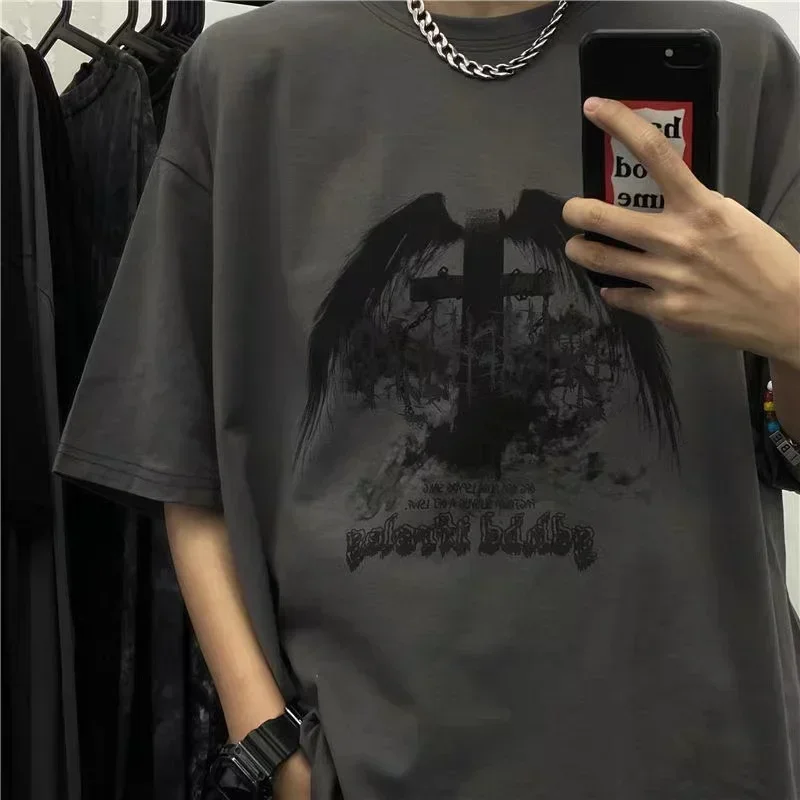 Oversized T-shirts Men 2024 Summer T-shirts Dark High Street Gothic Print Skull Cotton Short Sleeve Tee Harajuku T Shirt for Men