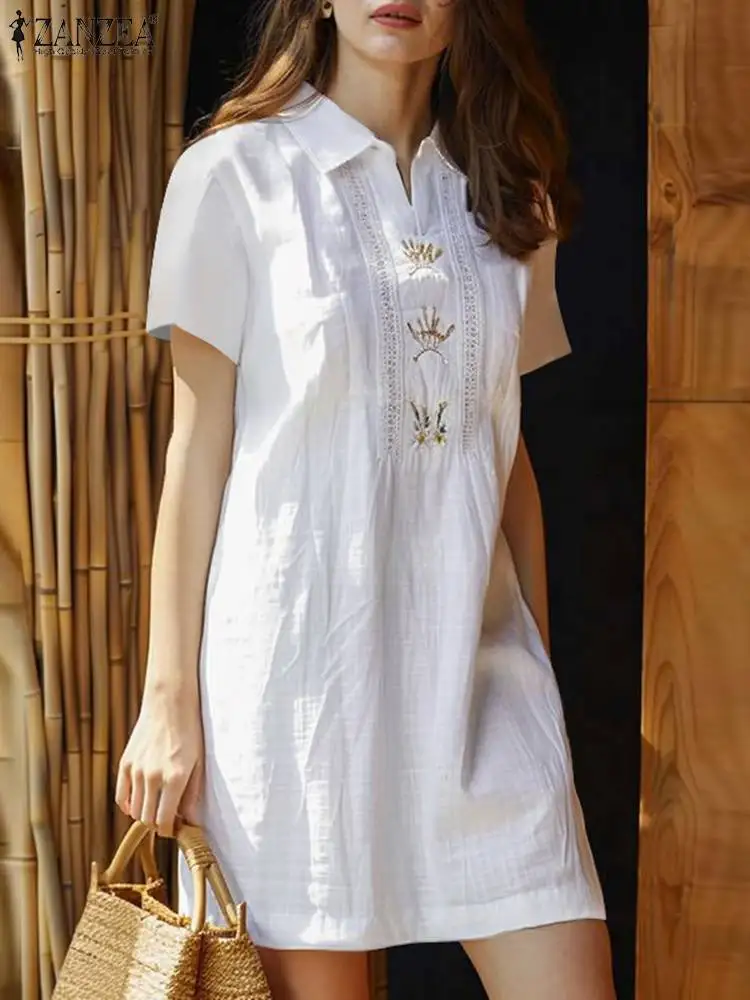 

ZANZEA Women Embroidery Mini Dress Fashion Summer Lapel Collar Vestidos Casual Loose 2024 Short Sleeve Robe Korean Lace Dresses