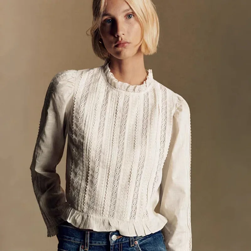 

【Gift Free】2026 Early Spring Vintage Lace Patchwork Hollow-Out Ruffle Stand Collar Youthful Short Blouse Women
