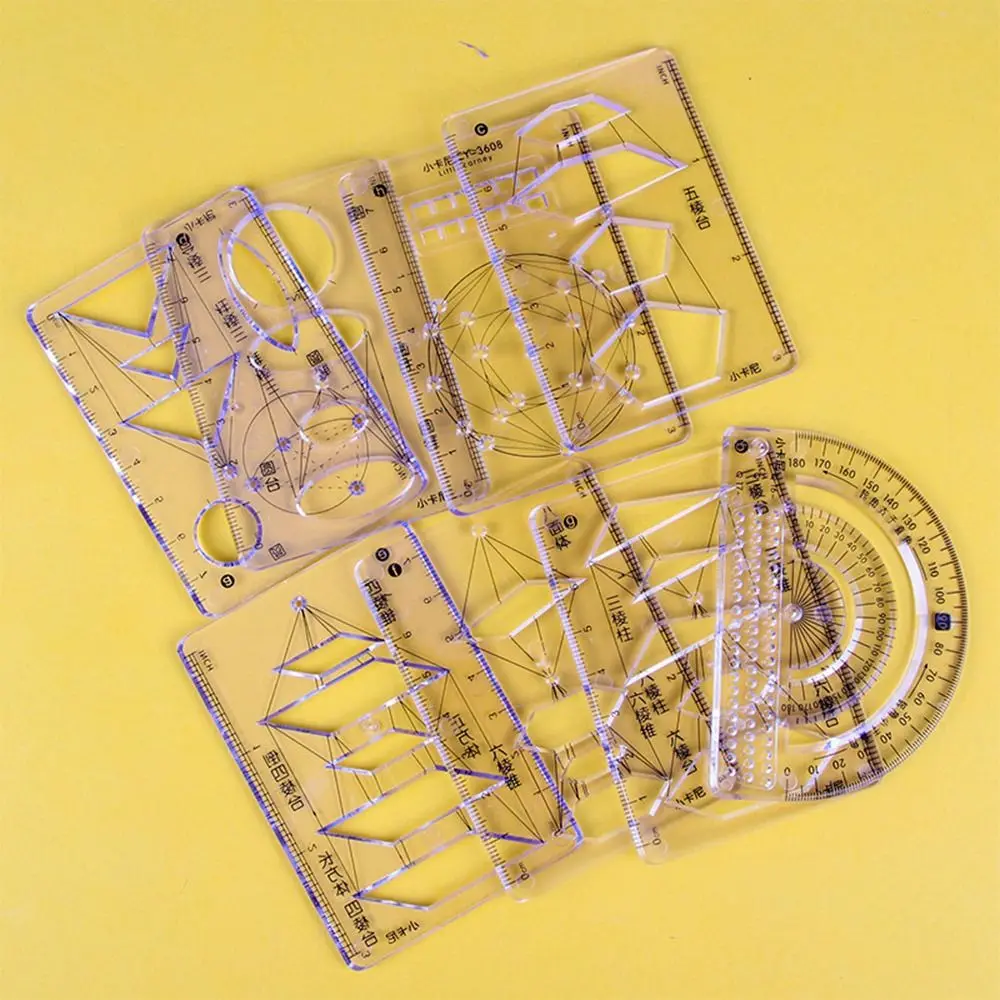 8PCS/Set Geometric Drawing Ruler Multi-function Stationery Protractor Plastic Learning Measuring Tool School Office Supplies