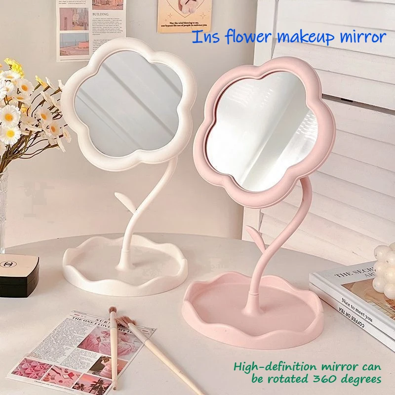 

Creative Rotating Vanity Mirror with Flower Design for Dorm Desktop Makeup Cute Decor Ins Style（Without the light）