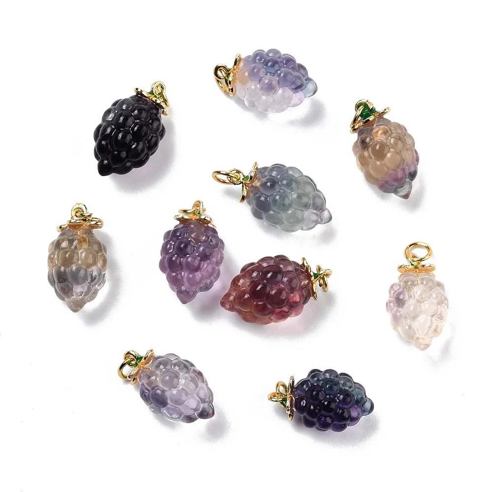 5pcs Natural Fluorite Carved Pendants with Golden Plated Brass Findings and Green Enamel Grape for Making DIY Jewelry Necklace