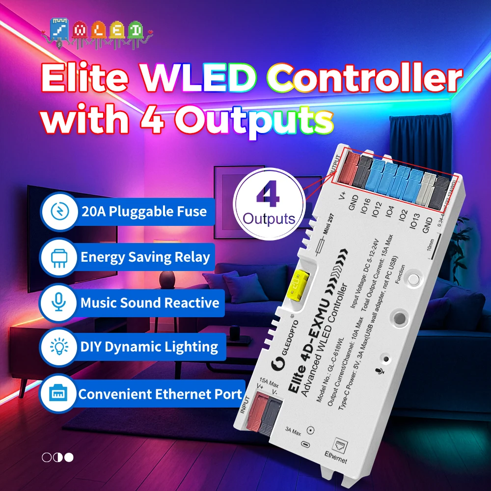 GLEDOPTO Elite 4-Channel WLED Controller ESP32, Ethernet & WiFi, Music Sync, 20A Fuse, for WS2812B SK6812 RGB IC LED Strip DIY