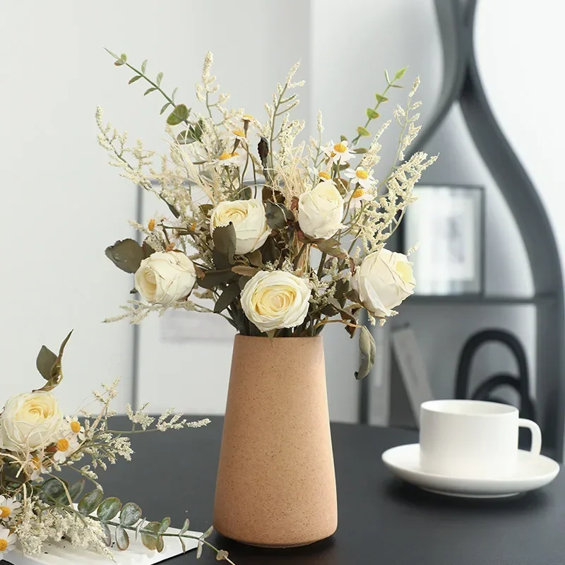 

Burnt Edge Roses and Daisies Artificial Flowers Bouquet - Faux Flowers for Vintage Home Table Decor, Fake Flower Wedding Bouquet