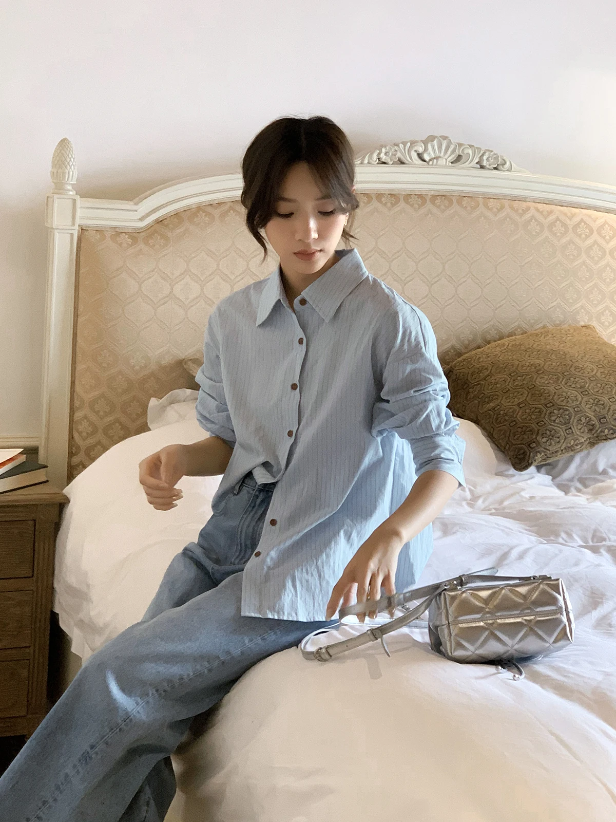

Rain Blue Lettering Women's irt Korean Sle Striped Top Simple Versatile Early Autumn Poly Cotton Blend Long Sve irt