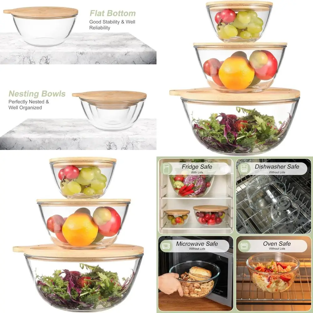 

3-Piece Glass Salad Bowl Set with Bamboo Lids and Utensils for Serving and Storage