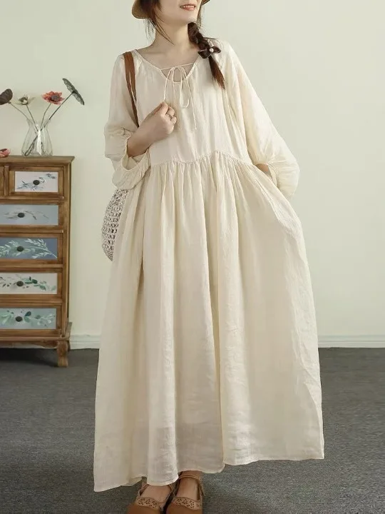 กระโปรงทรงเอผ้าเฮมพ์สไตล์เรโทร รุ่นแม็กซี่ สำหรับผู้หญิง ทรงหลวม สีพื้น ผ้าสองชั้น ทรงเอไลน์ สำหรับฤดูร้อน สไตล์วินเทจ ทรงบับเบิ้ล