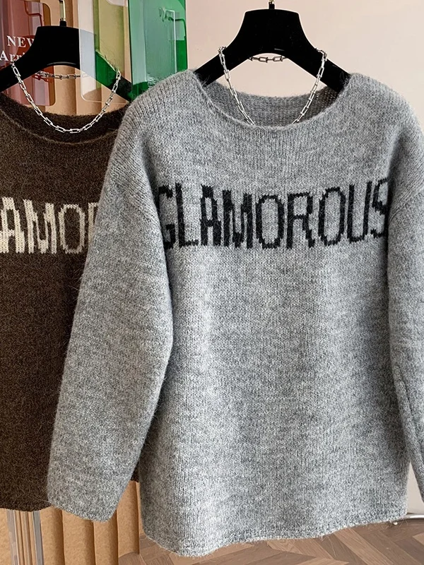 Coreano sle oversized camisola de malha feminina tamanho grande casual oulder impressão topo coreano japonês high end laid-ba humor