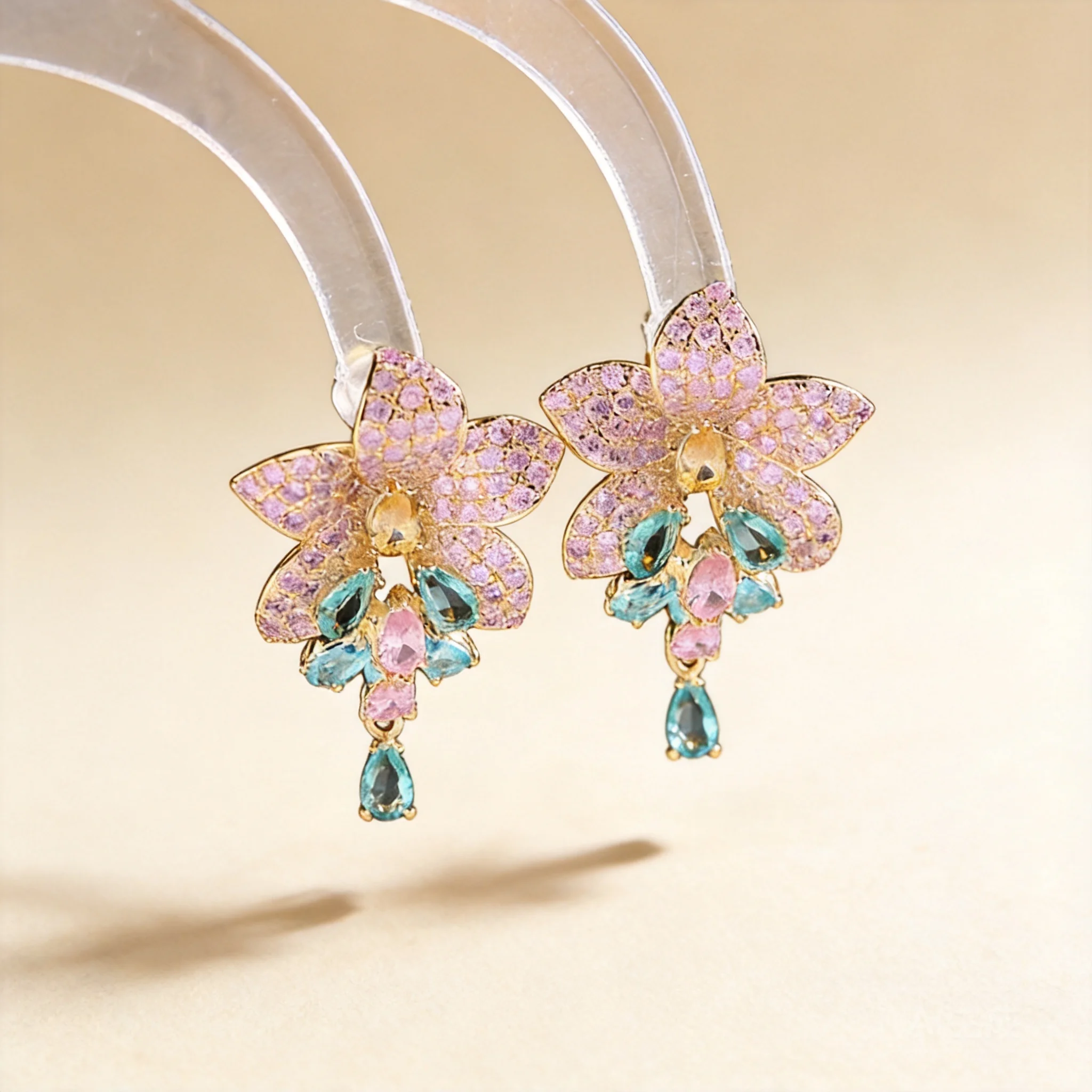 Women Elegant Shiny Flower Dangle Earrings 925 Sterling Silver Post Copper Inlaid Pink Blue Yellow Zircon Hanfu Matching Drop