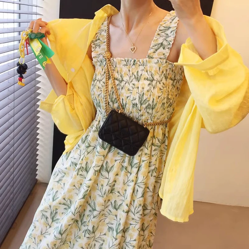 

Chic Summer Vintage Floral Print Square Ne ter Dr Women's Slimming Floral Strapl Gown High Waist Korean Sle Long...