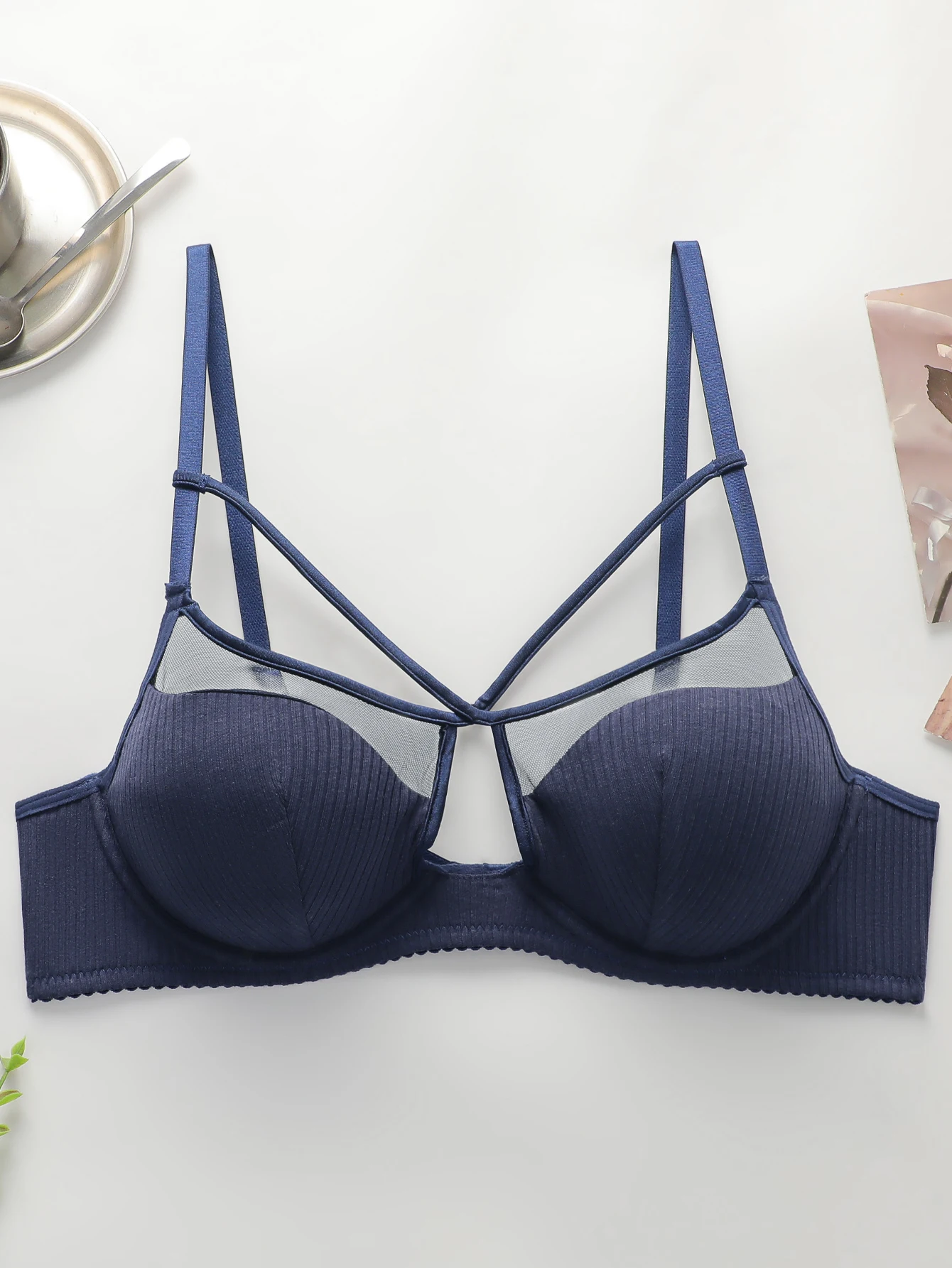 Blue Lace Mesh Detachable Breast Pads Push up Bra Women's Sexy Lingerie Cross Hollow Cotton Comfortable Underwear