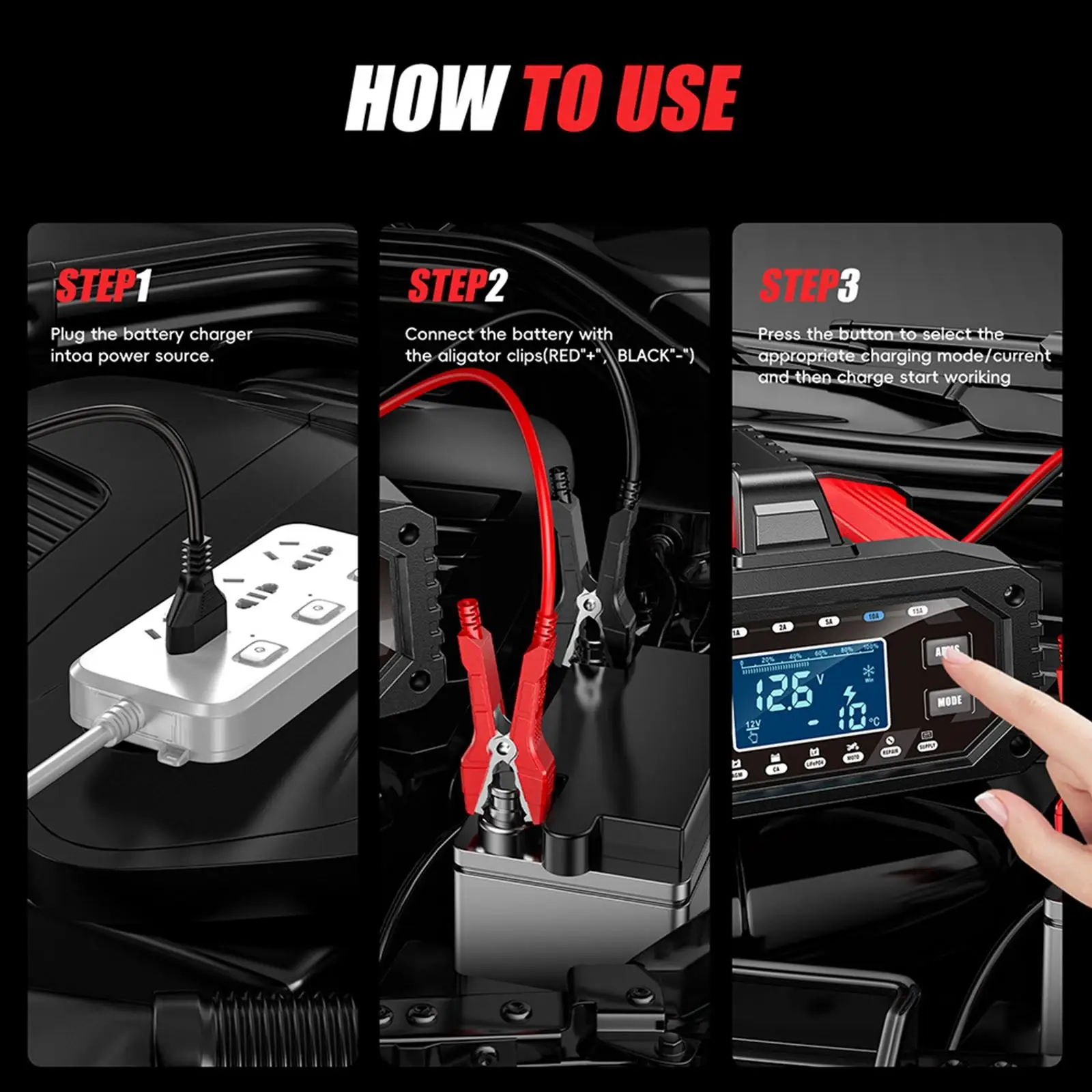 

12V 24V Car Battery Charger Handheld Intelligent Charging Device Professional Portable Starter for Vehicles Home