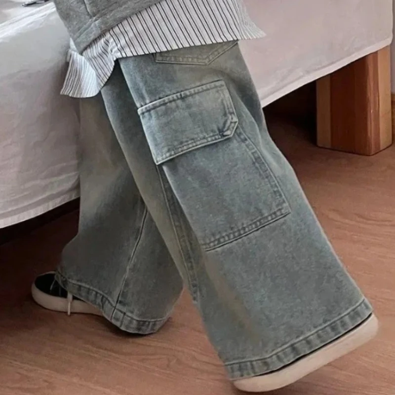 Pantalones vaqueros rectos con bolsillo grande para niños, estilo callejero, bolsillo trasero, pantalones vaqueros con bolsillo grande, pantalones de calle bonitos para niños medianos y grandes