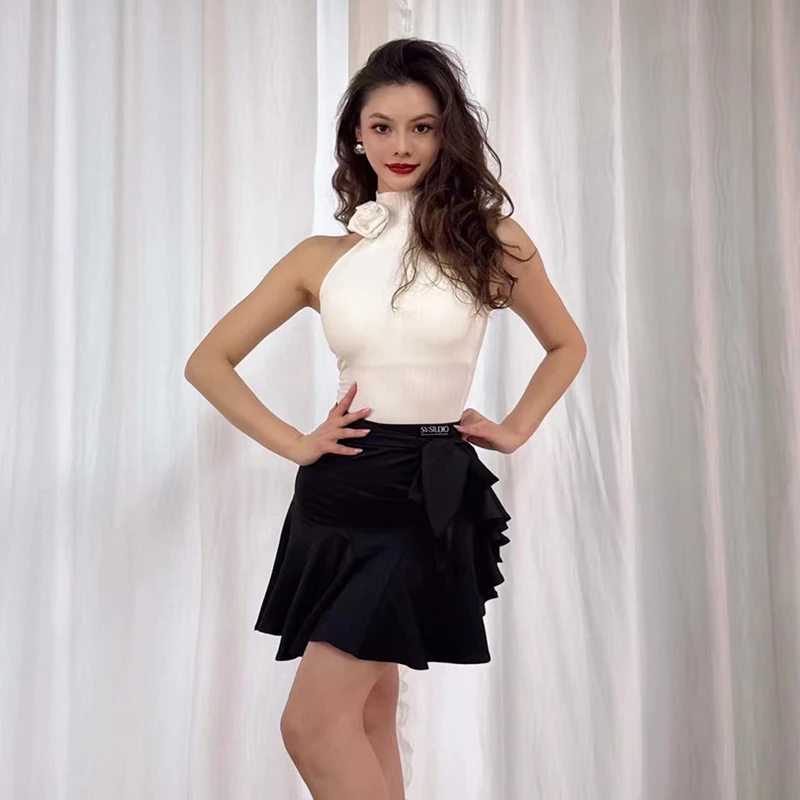 Costume de danse latine pour femmes, col haut, sans manches, jupe noire, Costume fendu, tenue d'entraînement, Rumba, vêtements de danse latine, VBH1548