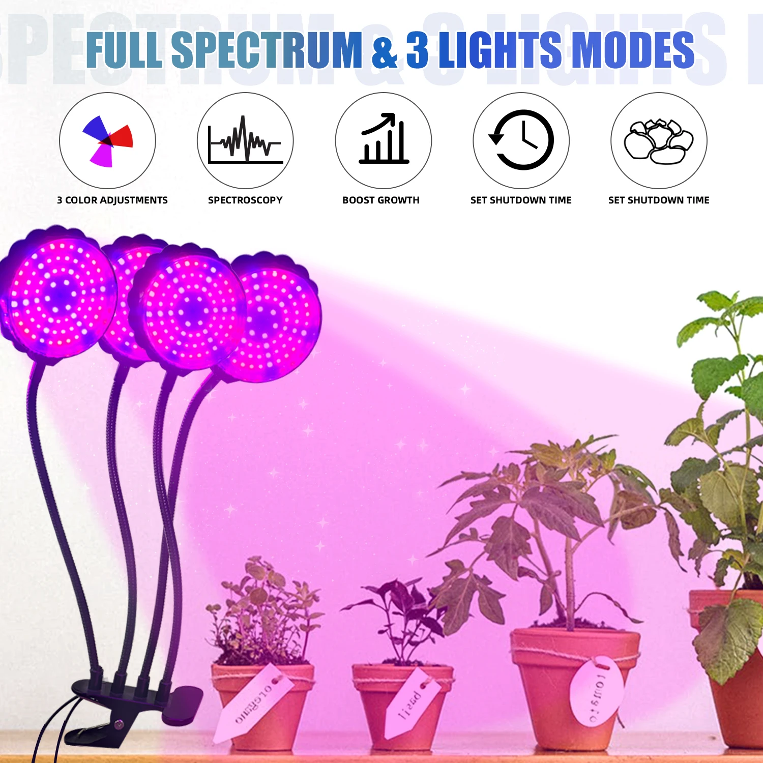 4 Lamp LED Grow Light Full Spectrum Dual Head Plant Lamp 78 LEDs, 9 Dimmable Levels 3/9/12H Timer USB Clip-on for Indoor Plants