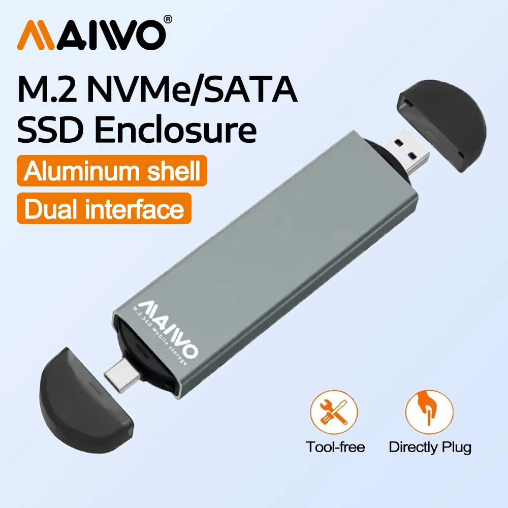 

MAIWO M.2 Enclosure for NVMe & SATA SSD USB A to C for M or B+M Key Max 10Gbps Support 4TB Storage Expansion Aluminum Alloy Case