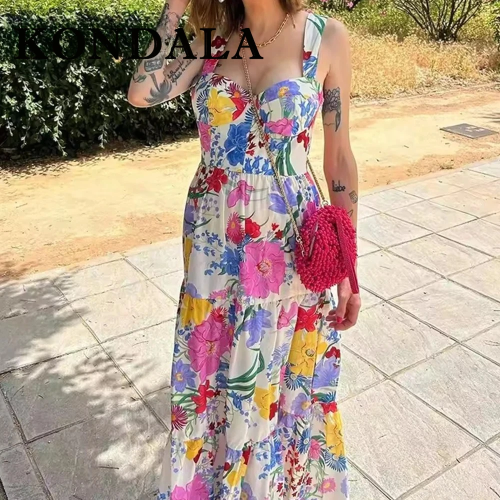 Kondala Chic 2023 Zomer Casual Vrouwen Bloemenprint Jurk Gedrapeerde Mouwloze Lange Geplooide Y2K Jurk Mode Vrouwen Vakantie Vestidos