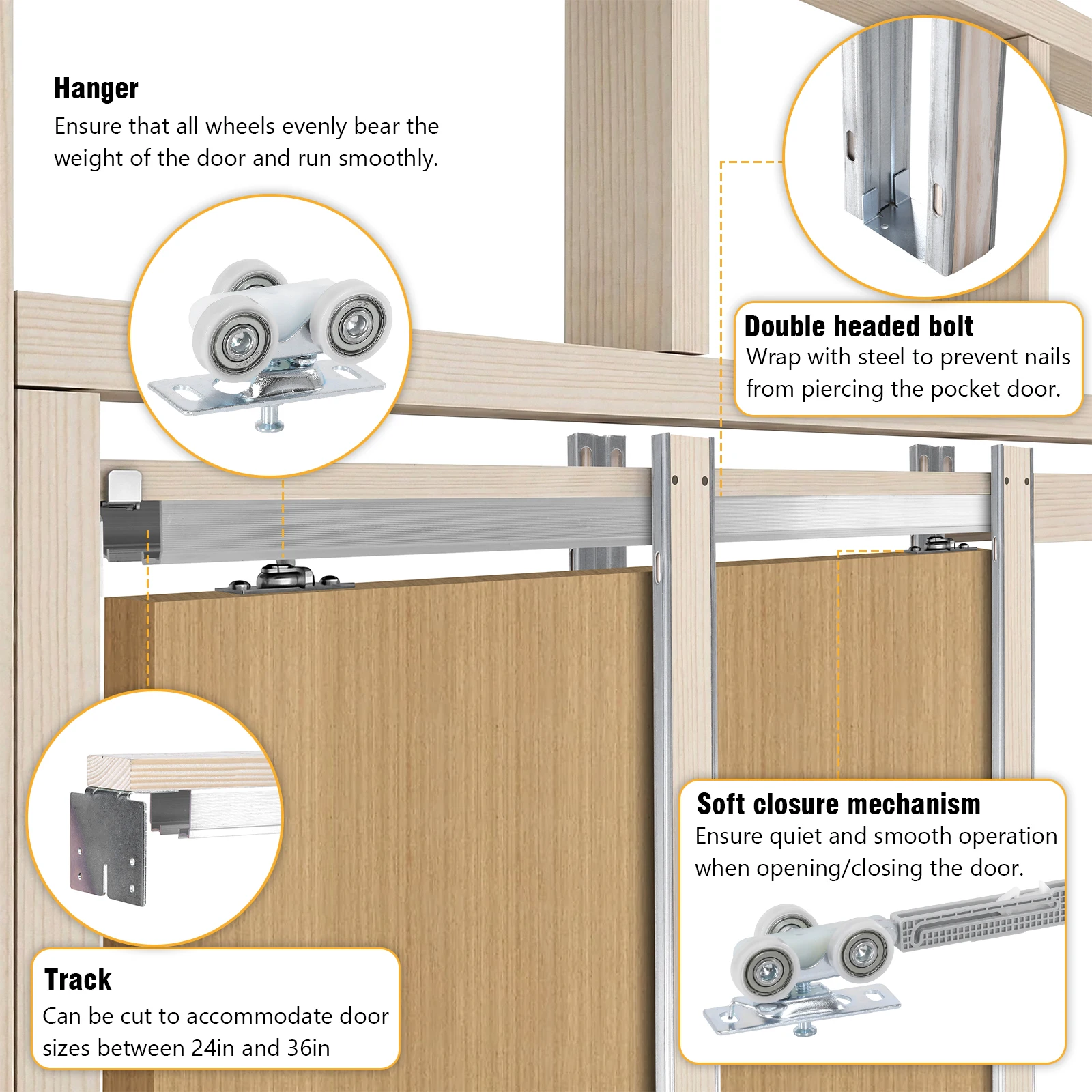 

Комплект из 2 алюминиевых направляющих для раздвижных дверей с механизмом плавного закрывания (220 фунтов), бесшумный и плавный ход