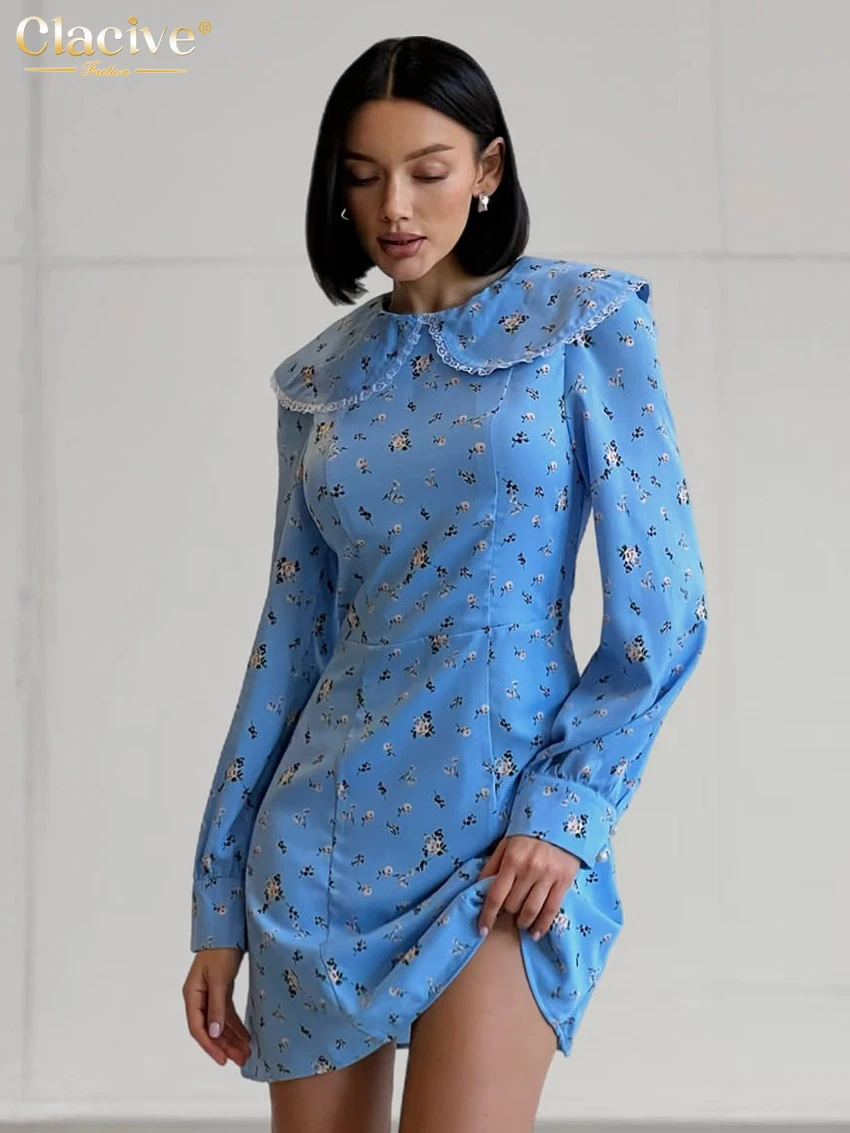 

Clacive Fashion Loose Print Women's Dress 2025 Casual O-Neck Long Sleeve Mini Dresses Lady Elegant Classic Dress Female Clothing