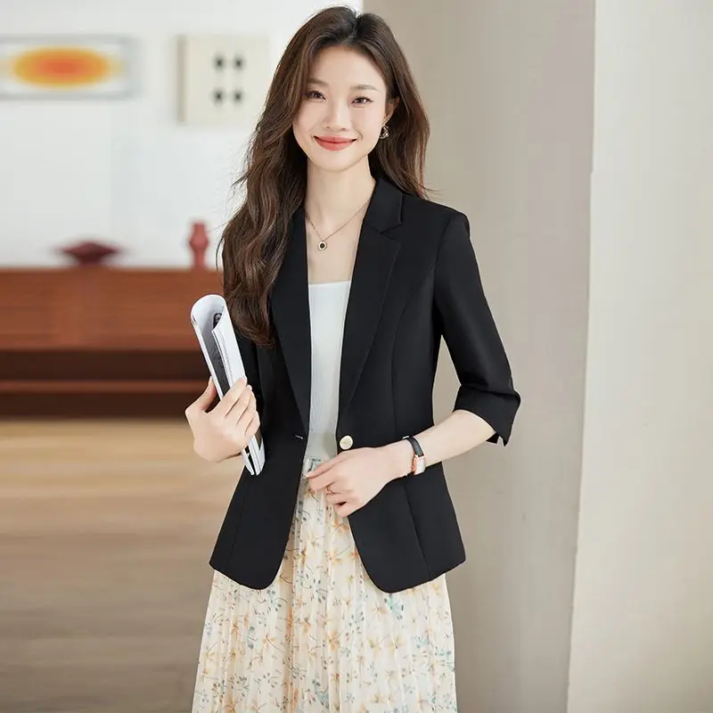 

Женский костюм, женская одежда, элегантный женский костюм большого размера, студенческий модный облегающий костюм семи четвертей, топы с закатанными подплечниками