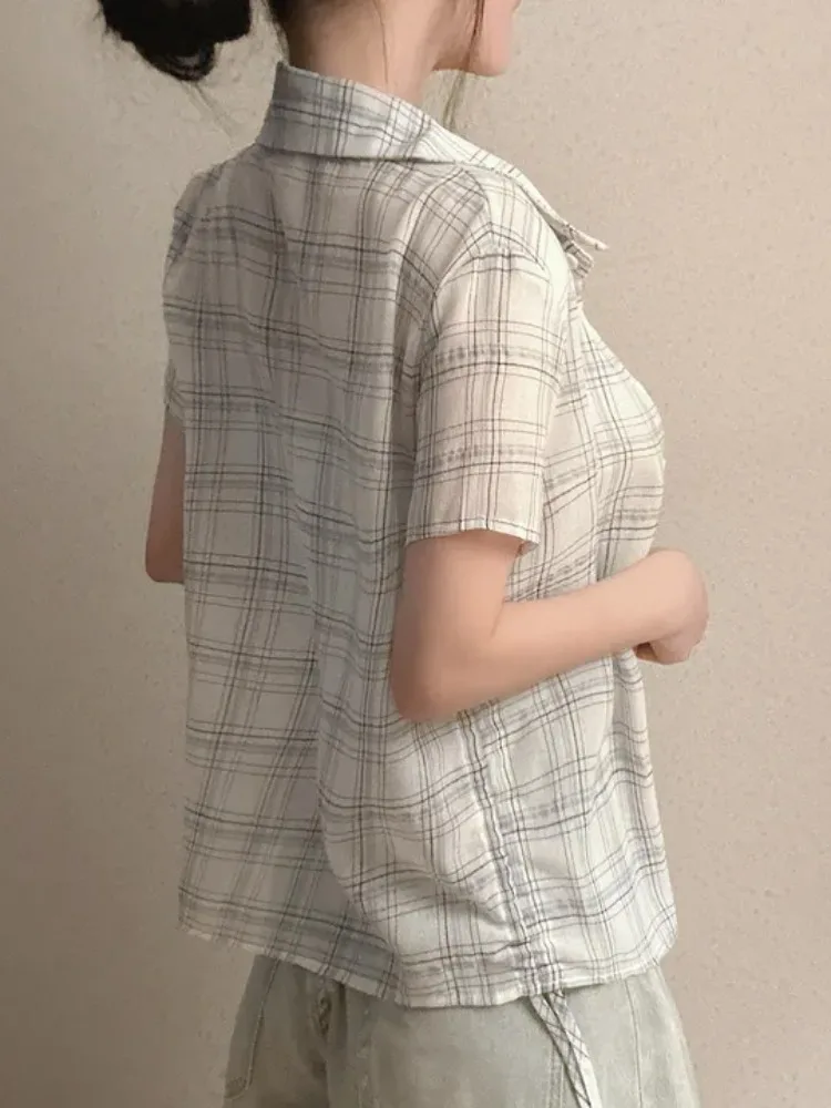Chic Summer Vintage Versatile Colletto rovesciato Bottone piccolo Design raccolto lateralmente ort Plaid irt Top da donna Pendolarismo Sle