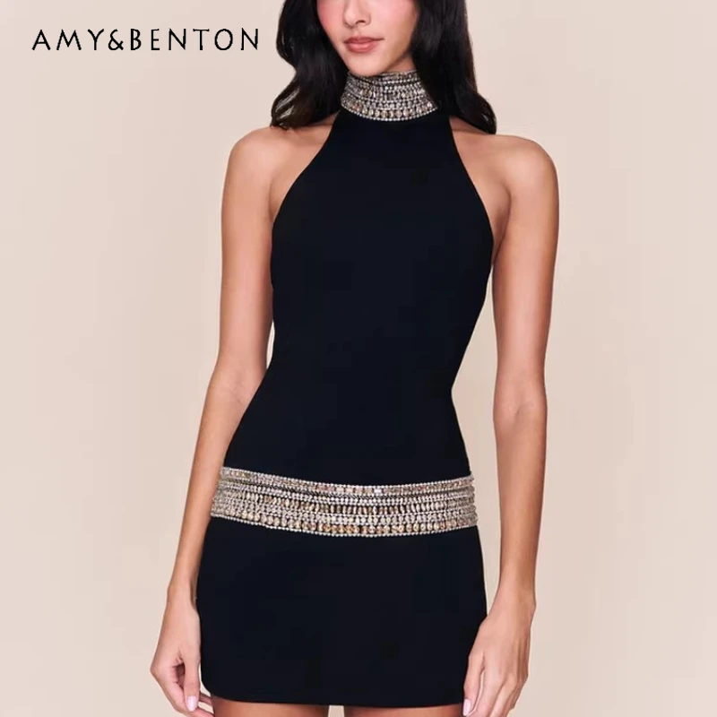 

Retro Design Black Sexy Backless Neck Dress French Sweet Cool Flash Diamond Heavy Industry Slimming Temperament Dresses Ladies