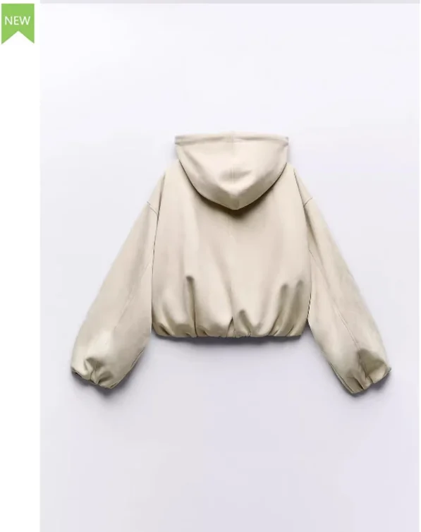 سترة نسائية قصيرة جديدة للخريف من الجلد الصناعي مع غطاء للرأس 30833 72 بأسلوب عملي وإغلاق بسحاب وأكمام طويلة وتصميم فضفاض #4