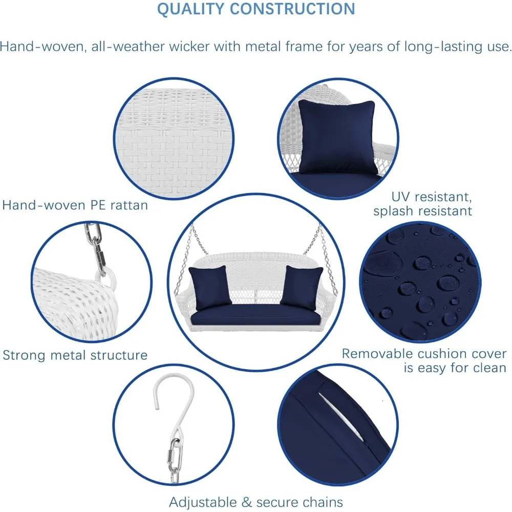 Balanço de vime para varanda em branco com almofada azul