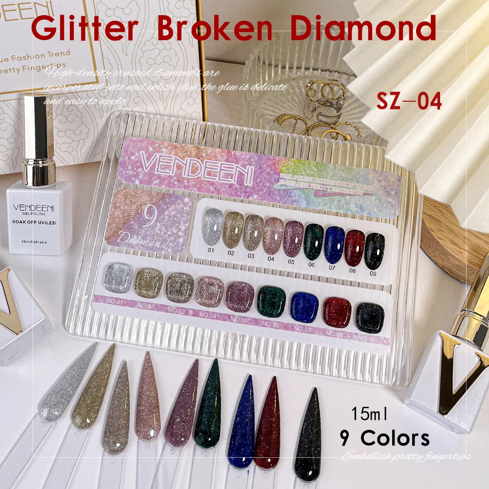 

Vendeeni 9 Colors Glitter Sapphire Broken Diamond Gel Nail Polish Soak Off UV DIY Green Sparkling Varnish For Manicure Nail Art