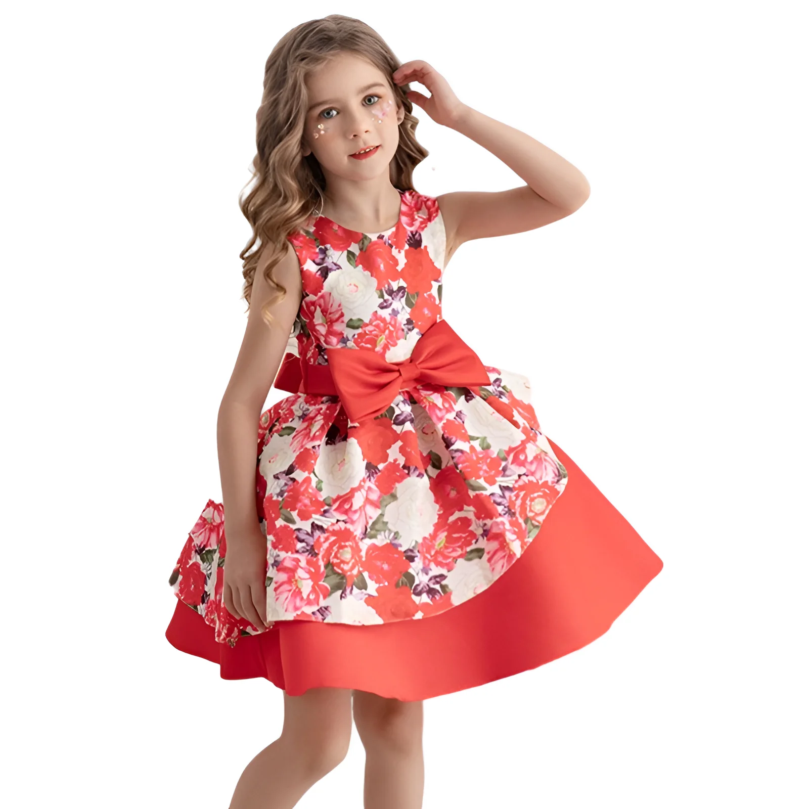 2-8 Years Red Little Girl's Floral Dresses Bow Puffy Two Layers Ball Kid Vestidos 2 3 4 5 6 7 8 Years Old Kids Clothes OGF244432