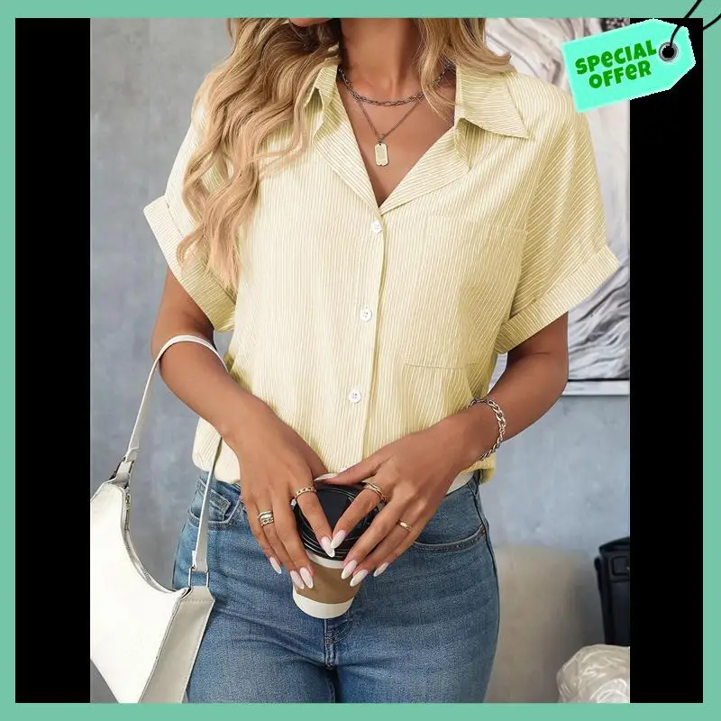 

Sturdy Women's Loose Short Sleeve Pocket Casual Striped Shirt