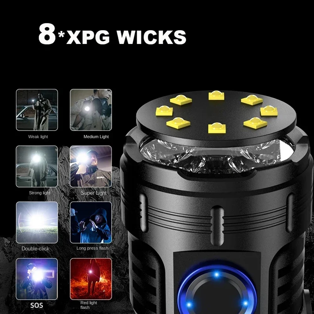 8*XPG Beads Lantern High Power LED Flashlight With Tail Magnet Clip USB Rechargeable Waterproof Torch Portable Strong Light Lamp