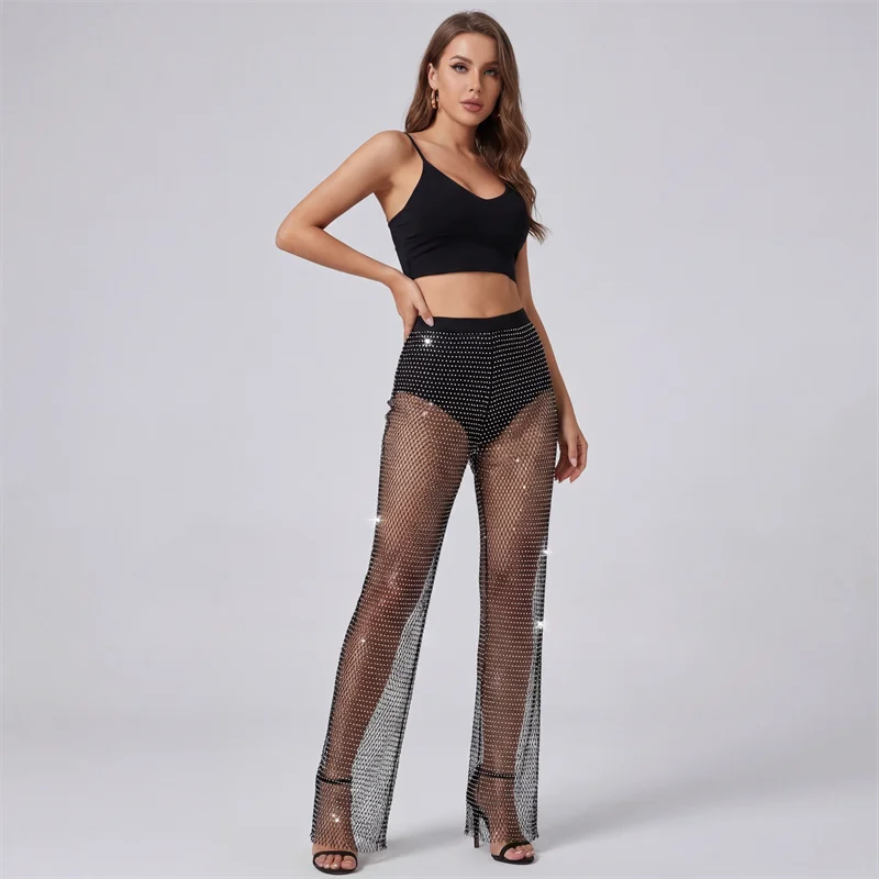 Damen High-Waist Strass-Netzhose Funkelndes Kristallnetz-Design Sexy Party Clubwear Dehnbare Netzleggings – Detail 1
