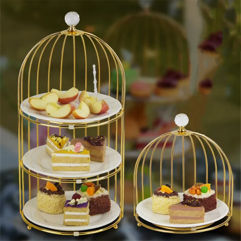 

Birdcage Double Layer Cake Stand Wrought Iron Display Stand Ceramics Three-tier Fruit Tray Afternoon Tea Dessert Decorative Rack