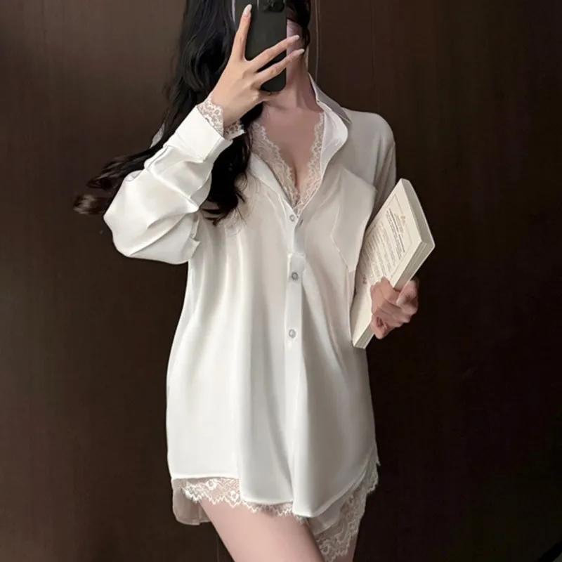 

Белая рубашка с лацканами, шорты, 2 шт., пижамы, женская атласная одежда для сна, сексуальная домашняя одежда с кружевной отделкой, ночная рубашка, летняя новая одежда для дома, нижнее белье