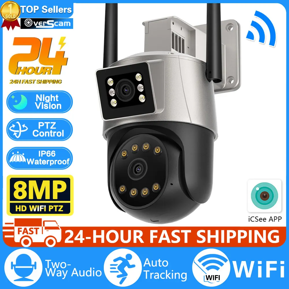 

8MP 4K HD Dual Lens Wifi Camera IP66 Security Protection 4MP Wireless Outdoor Human Detection Video Surveillance PTZ ICSee