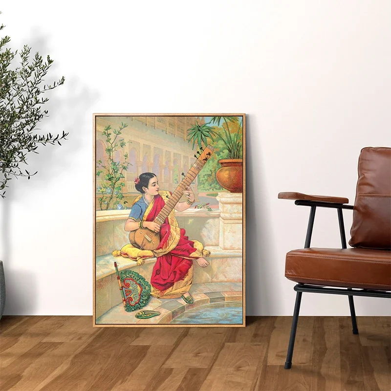 امرأة هندية عتيقة تلعب بصمة و ثقافة غريبة طباعة ملصق ، قماش اللوحة ، جدار الفن صورة ، غرفة المعيشة ، غرفة الكنيسة ، ديكور المنزل