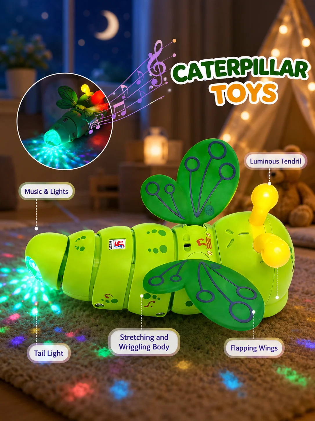 Electric Cute Swinging Green Caterpillar Multi-Functional 360° Stunt Spin Rotation Lights Music Educational Toys Children's Gift