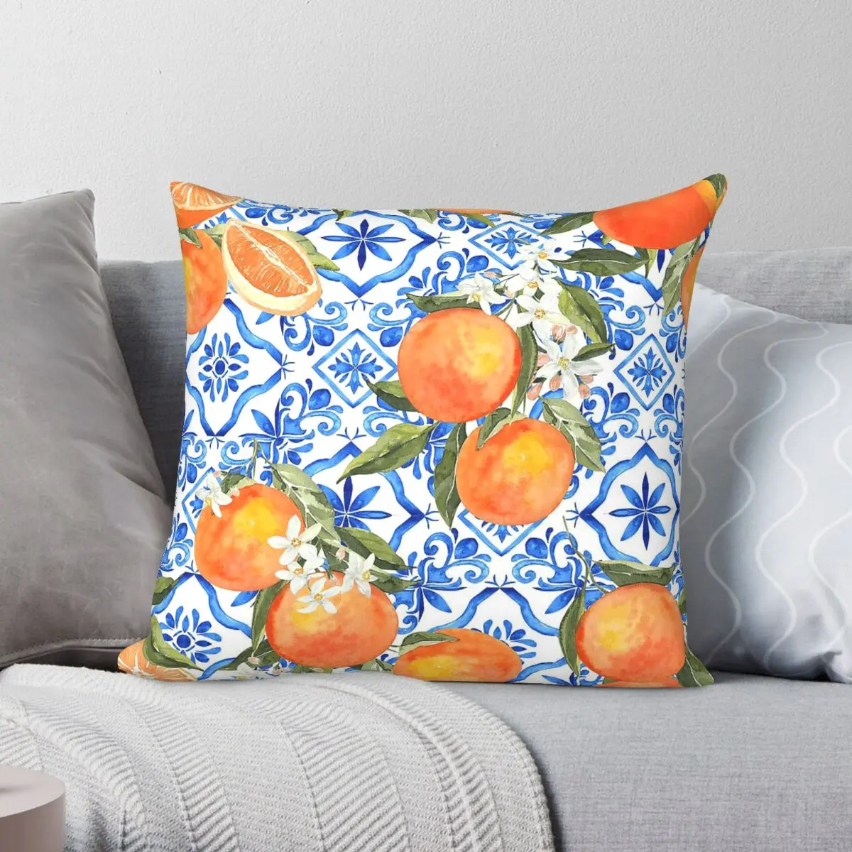 Mediterranean Oranges Blue Tiles Square Pillowcase Polyester Linen Velvet Pattern Zip Decorative Throw Pillow Room Cushion Cover