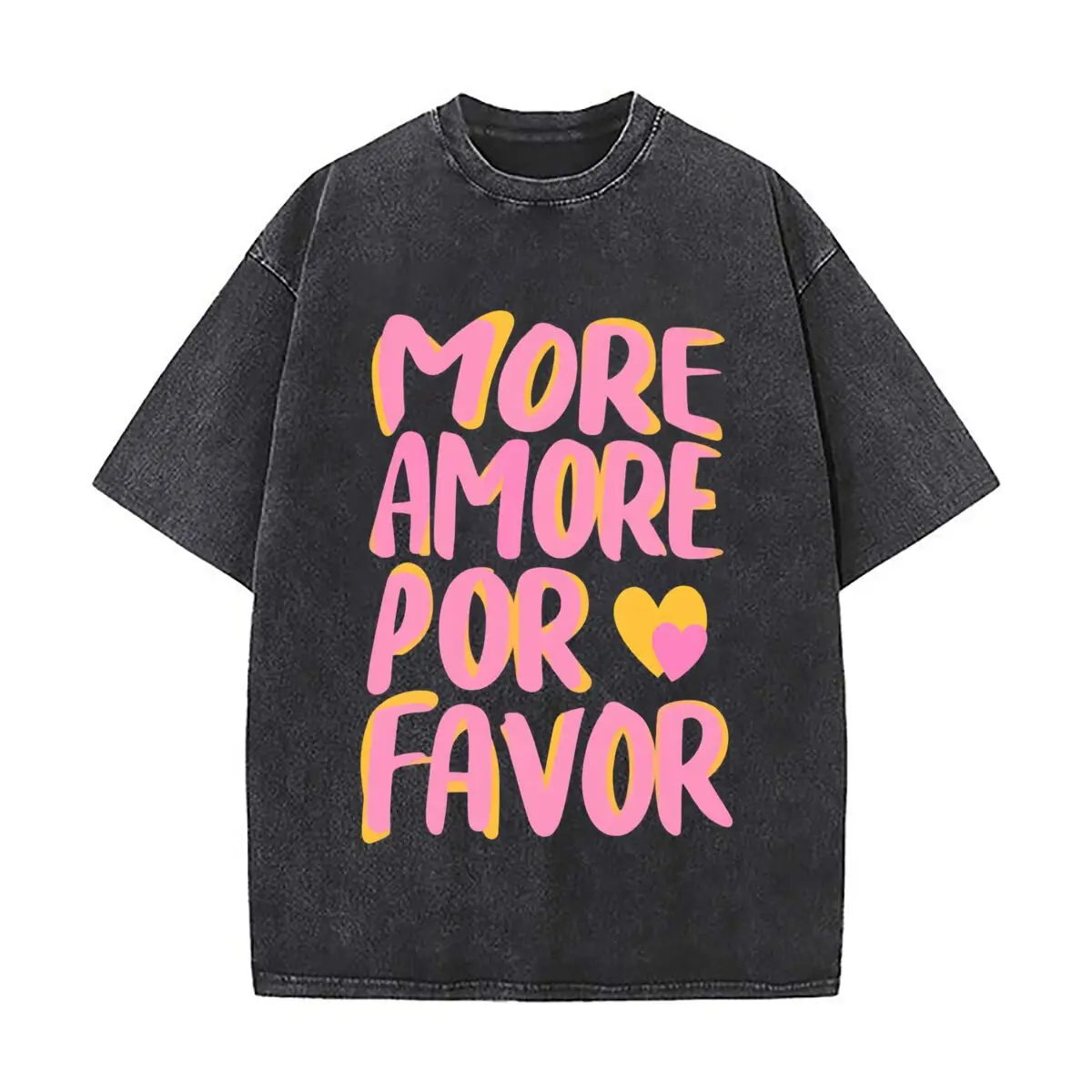 MORE AMORE POR FAVOR Pink Orange Hearts Typography Distressed Faded Baggy Streetwear Tops for Park Hangouts