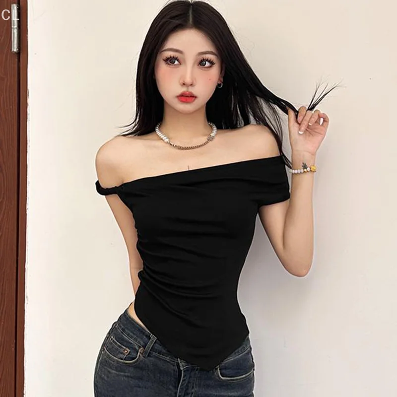 

Retro Solid Color Simple And Fashionable Short Sleeved T-shirt With Twisted And Low Cut Design Sexy And Slimming Short Top
